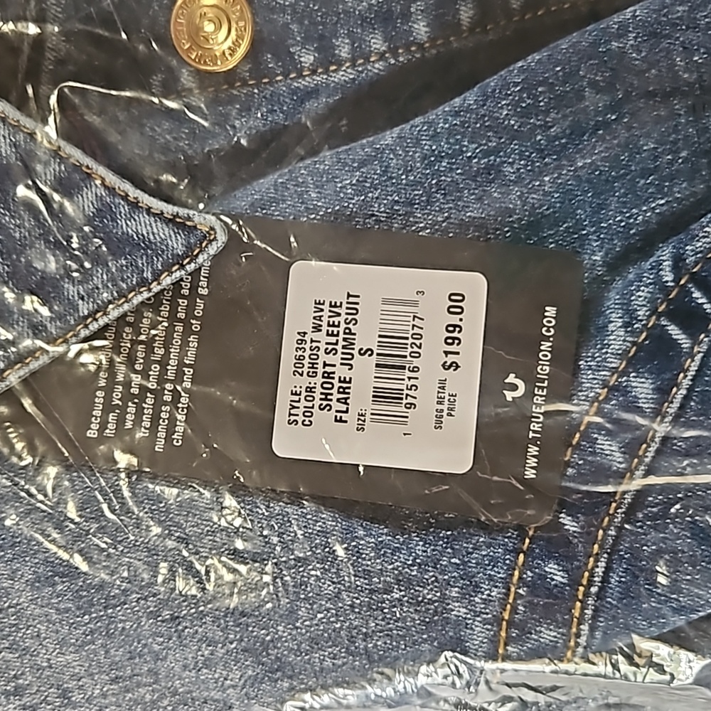 TRUE RELIGION DENIM FLARE JUMPSUIT SIZE SMALL COLOR GHOST WAVE - Picture 14 of 16